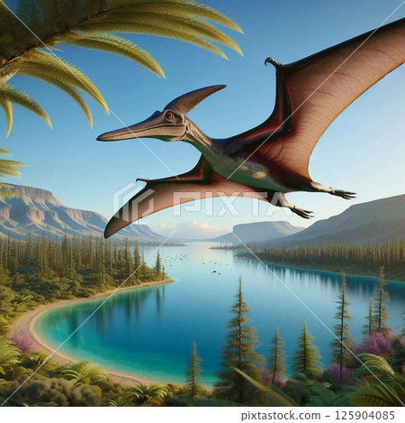 Pteranodon hunting prey from above the lake 125904085
