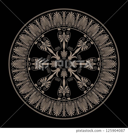 Vector gold classic Greek round ornament. Circle of Ancient Greece, Roman Empire. Greek seamless meander pattern. Byzantine painting. For decoration of European palaces, ceramic, textile, embroidery 125904087