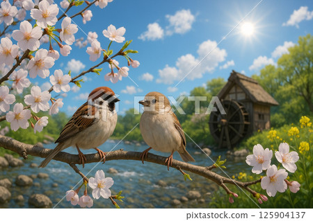 兩隻麻雀在水邊一棵樹的樹枝上，樹上有嫩葉和新鮮的綠葉 125904137