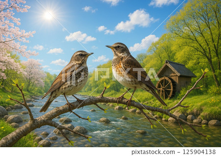 兩隻畫眉鳥棲息在水邊一棵樹的樹枝上，樹枝上有嫩葉和新鮮的綠葉 125904138