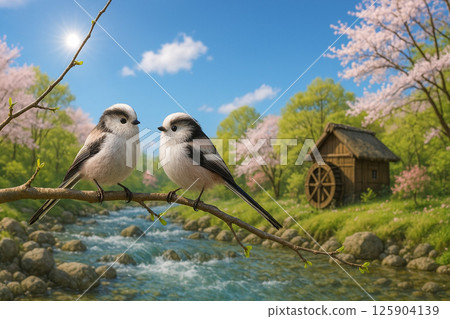 兩隻長尾山雀棲息在水邊一棵樹的樹枝上，樹枝上長著嫩葉和新鮮的綠葉 125904139