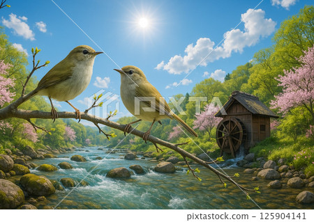 Two Japanese bush warblers on a branch of a waterside tree with young leaves and fresh greenery 125904141