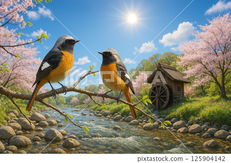 Two Daurian redstarts on the branches of a waterside tree with young leaves and fresh greenery 125904142
