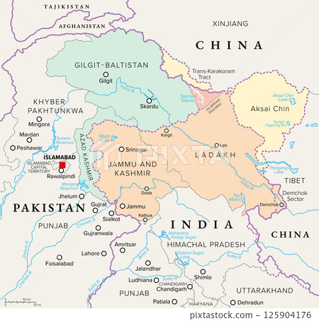 Kashmir, region in South Asia, political map. Disputed between India, Pakistan and China, encompassing Jammu and Kashmir, Ladakh, Azad Kashmir, Gilgit-Baltistan, Aksai Chin, and Trans-Karakoram Tract. 125904176