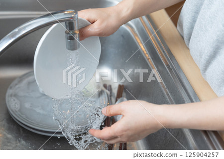 Image of hands washing dishes (stock photo) 125904257