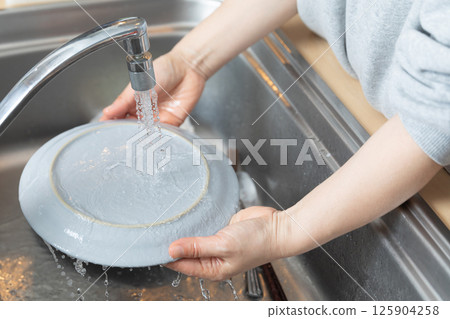 Image of hands washing dishes (stock photo) 125904258