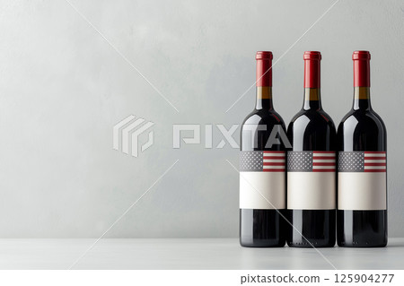 Three wine bottles with American flag labels on a neutral background. American wine. The concepts of patriotism, celebration, collection. Ideal for patriotic events and themed gatherings. 125904277