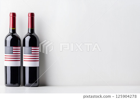 Two wine bottles with American flag labels on a neutral background. American wine. The concepts of patriotism, celebration, collection. Ideal for patriotic events and themed gatherings. 125904278