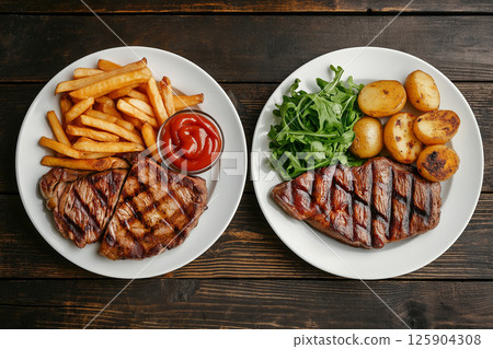 Two identical white plates feature grilled steak paired with French fries and ketchup on one, and baby potatoes on the other on a dark wooden table. Better meal choices. Reduce calories, diet concept 125904308