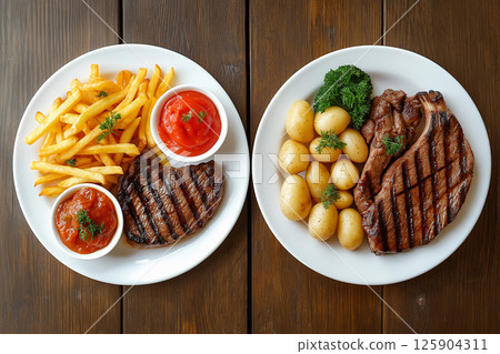 Two identical white plates feature grilled steak paired with French fries and ketchup on one, and baby potatoes on the other on a dark wooden table. Better meal choices. Reduce calories, diet concept 125904311