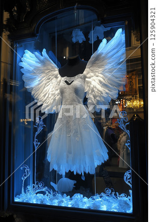 White lace gown on display in a boutique with detailed and elegant surroundings 125904321