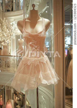 White lace gown on display in a boutique with detailed and elegant surroundings 125904323