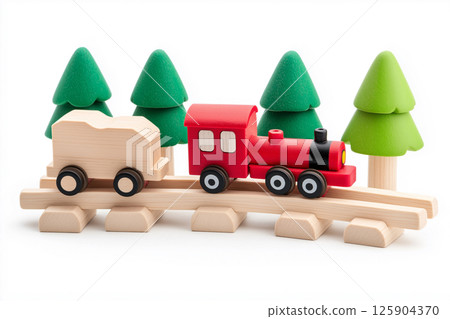 Kids toys. Wooden train set with trees on display in a simple and colorful design. Classic wooden train set with vibrant colors and tree accents evokes imagination and play. 125904370