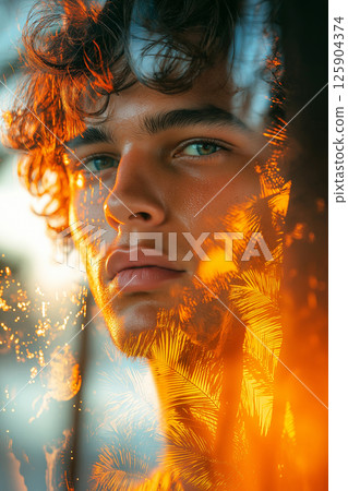 Young man reflecting amidst tropical sunset with a serene and inspiring backdrop. Young man surfer at sunset, surrounded by tropical imagery and vibrant colors. Double exposure 125904374