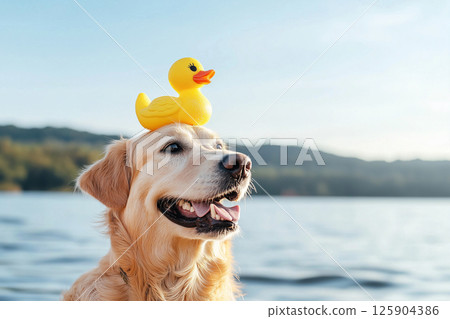 Cheerful dog posing by a lake with a vibrant yellow duck toy on its head, creating a playful and cute scene, perfect for depicting fun, joy, and outdoor moments involving pets and toys. 125904386