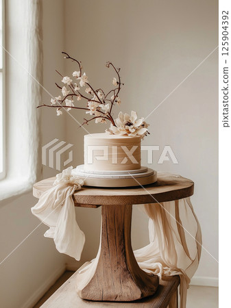 Elegant wedding cake with floral design on rustic wooden stand in bright room 125904392