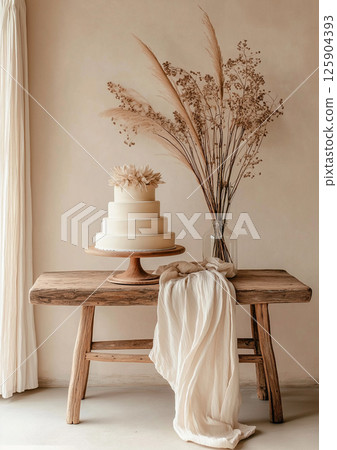 Elegant wedding cake with floral design on rustic wooden stand in bright room Elegant wedding cake with floral design on rustic wooden stand in bright room 125904393