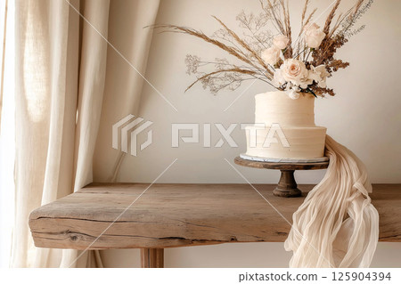 Elegant wedding cake with floral design on rustic wooden stand in bright room 125904394