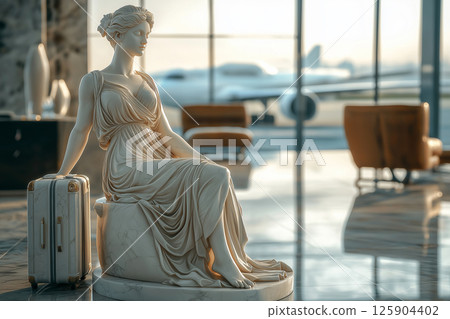 Classic Greek marble statue resting and waiting beside travel suitcase in modern airport. Flight delayed, cancelled or overbooked. Contrast between classical art and modern travel in a vibrant setting 125904402