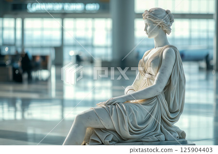 Classic Greek marble statue resting and waiting in modern airport. Flight delayed, cancelled or overbooked. Contrast between classical art and modern travel in a vibrant setting 125904403