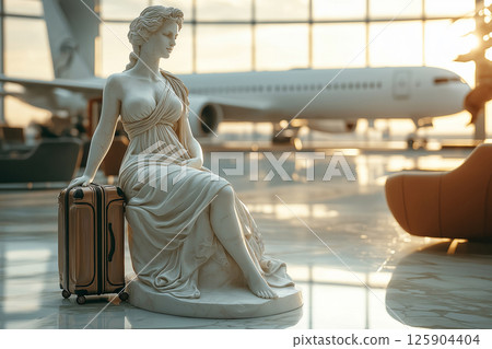 Classic Greek marble statue resting and waiting beside travel suitcase in modern airport. Flight delayed, cancelled or overbooked. Contrast between classical art and modern travel in a vibrant setting 125904404
