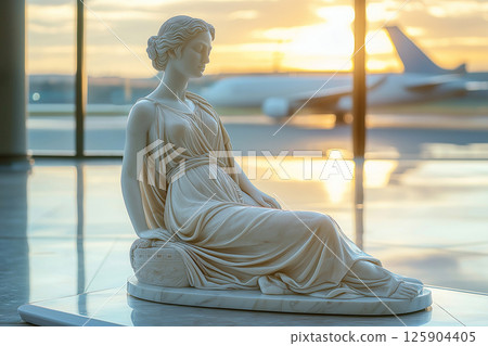 Classic Greek marble statue resting and waiting in modern airport. Flight delayed, cancelled or overbooked. Contrast between classical art and modern travel in a vibrant setting 125904405