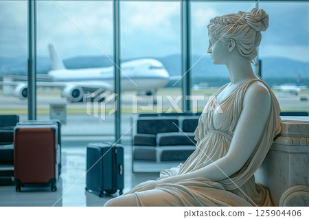 Classic Greek marble statue resting and waiting beside travel suitcase in modern airport. Flight delayed, cancelled or overbooked. Contrast between classical art and modern travel in a vibrant setting Classic Greek marble statue resting and waiting beside travel suitcase in modern airport. Flight delayed, cancelled or overbooked. Contrast between classical art and modern travel in a vibrant setting 125904406