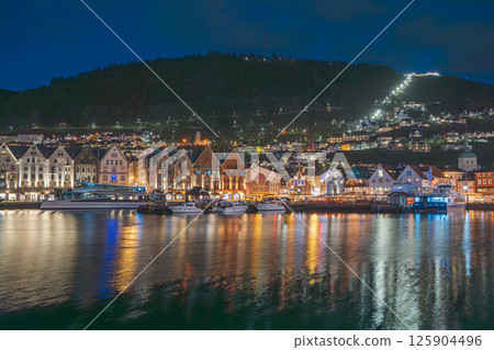 Bryggen Wharf Bergen Norway illuminated at night 125904496