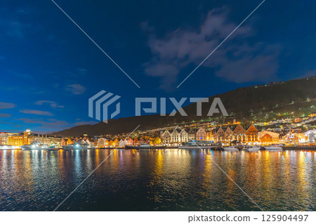 Bryggen Wharf Bergen Norway illuminated at night Bryggen Wharf Bergen Norway illuminated at night 125904497