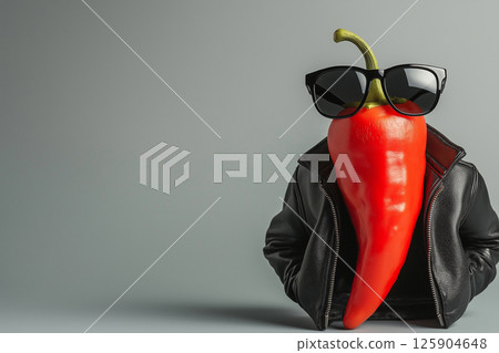 Red hot pepper character with sunglasses and leather jacket exuding bold coolness. Hot and cool guy concept, bold style and charm. Funny food. Biker style 125904648