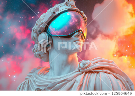 An ancient Greek-style statue adorned with futuristic augmented reality glasses against a colorful cosmic background, embodying a blend of classical art and modern digital technology aesthetics. 125904649