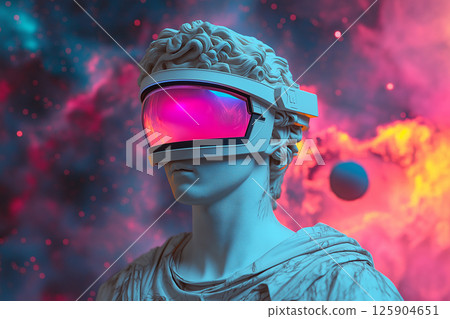 An ancient Greek-style statue adorned with futuristic augmented reality glasses against a colorful cosmic background, embodying a blend of classical art and modern digital technology aesthetics. 125904651
