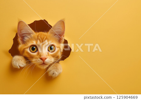 Playful kitten curiously peeking through a hole in a vibrant yellow backdrop, creating a striking contrast. The scene captures an adorable and joyful feline moment for various creative concepts 125904669