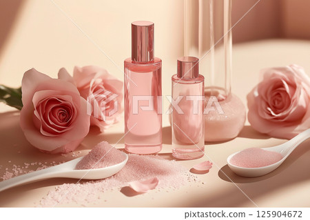 Rose-based beauty products displayed with salt crystals and roses, portraying natural elegance. Elegant rose-infused skincare products with Himalayan salt crystals in a serene setting 125904672