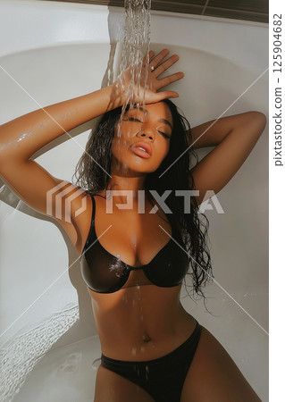 Elegant portrait of a woman under water flow with sparkling light effects. Yong woman enjoying water flowing with bright and natural lighting. 125904682