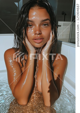 Elegant portrait of a woman under water flow with sparkling light effects. Yong naked woman enjoying water flowing with bright and natural lighting. 125904687