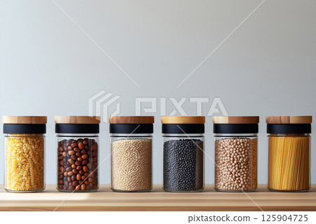 Organized display of various grains and dried pastas in uniform glass jars, arranged on a wooden surface, promoting food diversity, sustainability, efficient storage practices for a modern home setup. 125904725