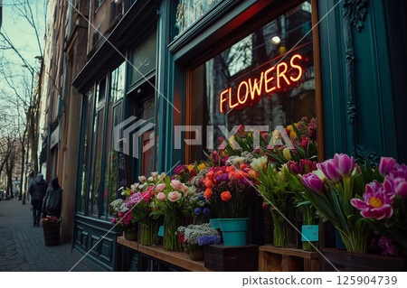 Flower shop exterior with a bright neon sign and colorful bouquets on display. Chic flower shop with a neon sign displaying a variety of vibrant bouquets. 125904739