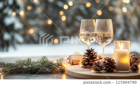 Romantic Evening, romantic scene of champagne flutes filled with sparkling wine 125904790