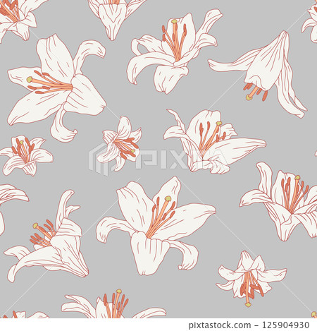 Vintage seamless pattern with hand drawn white lily flowers on gray background Vintage seamless pattern with hand drawn white lily flowers on gray background 125904930