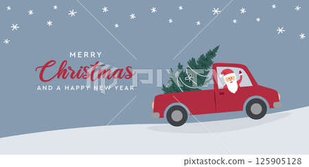 santa sits in a car with christmas tree in snowy winter vector illustration santa sits in a car with christmas tree in snowy winter vector illustration 125905128