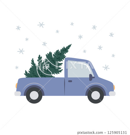 cute little car with christmas tree isolated vector illustration 125905131