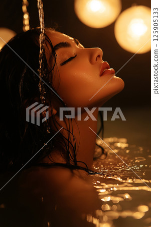 Young woman in a bathtub with wet hair, featuring a serene and captivating expression. The composition exudes calmness, highlighting her natural beauty and the soothing atmosphere of the bathing. 125905133