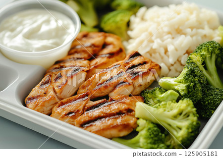 A delicious and healthy meal including grilled chicken, steamed broccoli, white rice, and a yogurt dip served in a tray. Perfect for a balanced diet or as a school lunch option. 125905181