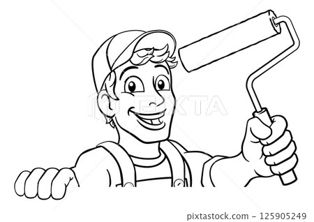Painter Decorator Paint Roller Cartoon Handy Man 125905249