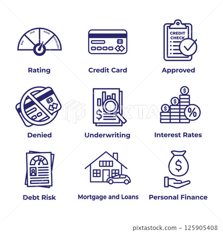 Credit Score and Loans Icon Set with Approved Credit Underwriting Interest Rates Debt Mortgage Refinance Credit Score and Loans Icon Set with Approved Credit Underwriting Interest Rates Debt Mortgage Refinance 125905408