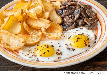 Golden potato dippers, fried eggs, and mushrooms on rustic textured table setting Golden potato dippers, fried eggs, and mushrooms on rustic textured table setting 125905430