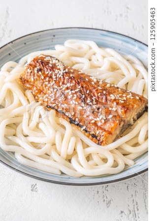 Udon Noodles With Baked Eel And Sweet Unagi Sauce In Bowl 125905463