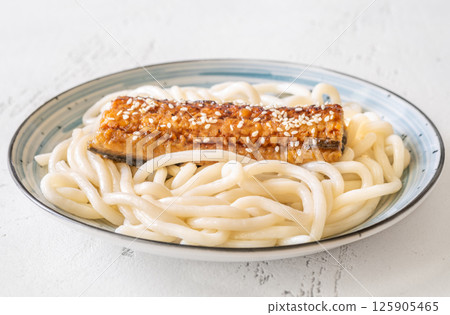 Udon Noodles With Baked Eel And Sweet Unagi Sauce In Bowl 125905465