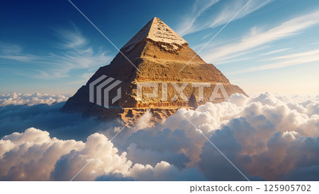 Majestic pyramid emerging from a sea of clouds at sunset 125905702